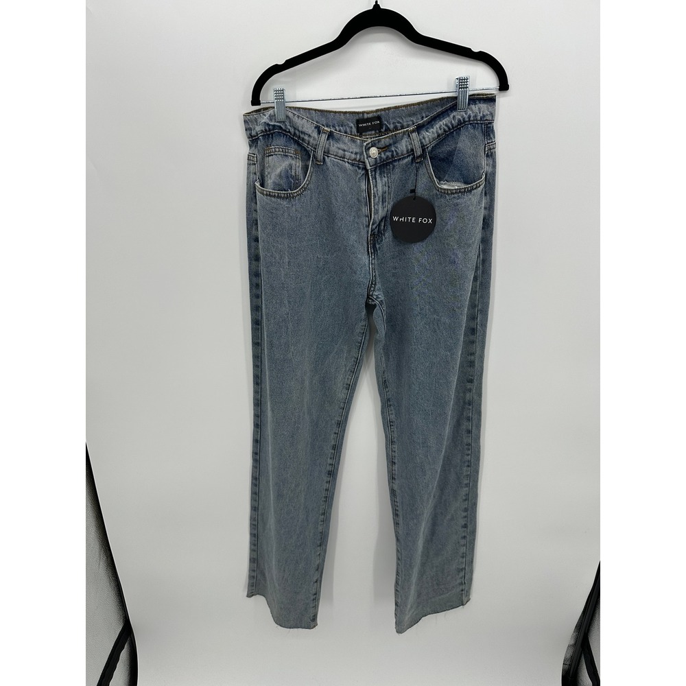 White Fox What A Feeling Mid Rise Straight Leg Jeans Blue Wash Size L Raw Hem